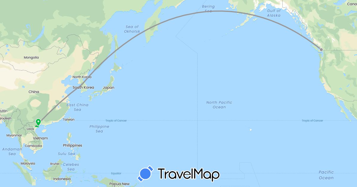 TravelMap itinerary: driving, bus, plane in Canada, South Korea, Vietnam (Asia, North America)
